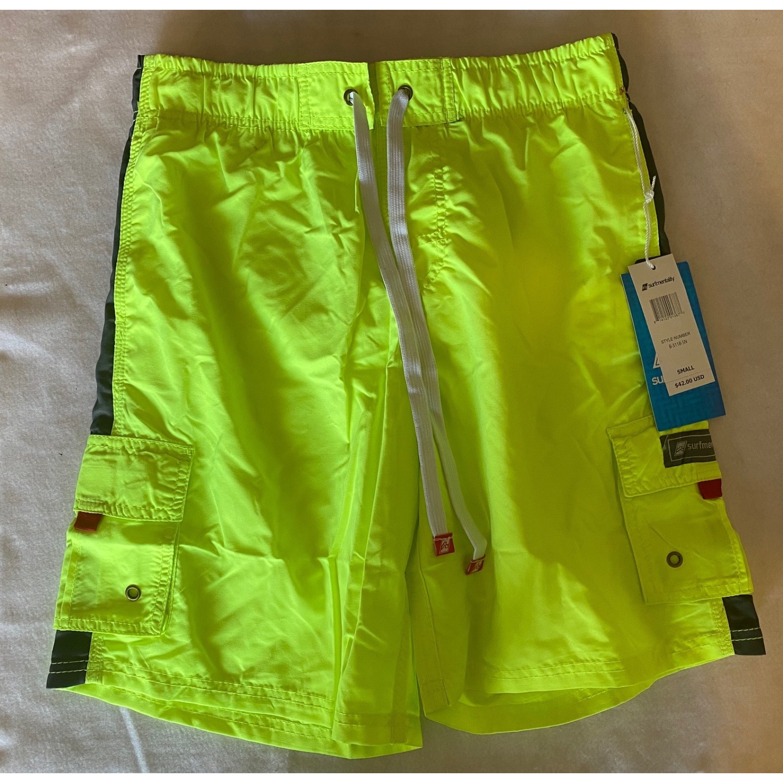 Surfmentality Swim Trunks Mens Small Neon Yellow Cargo Board Nwt